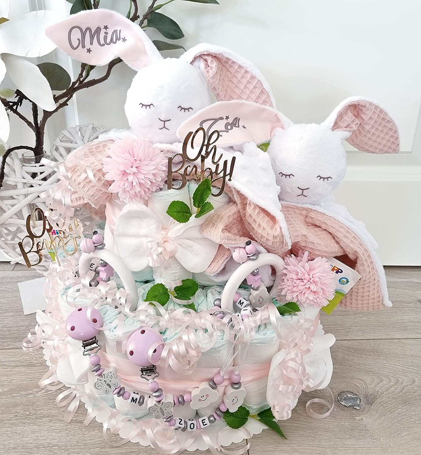 Windeltorte Zwillinge Mädchen Kuscheltier Hase Hoppi