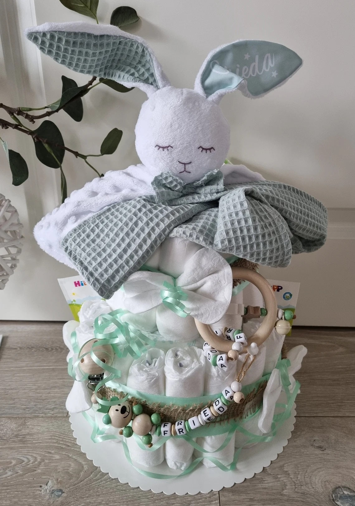 Windeltorte XXL Junge & Mädchen Kuscheltier Hase Hoppi Mint