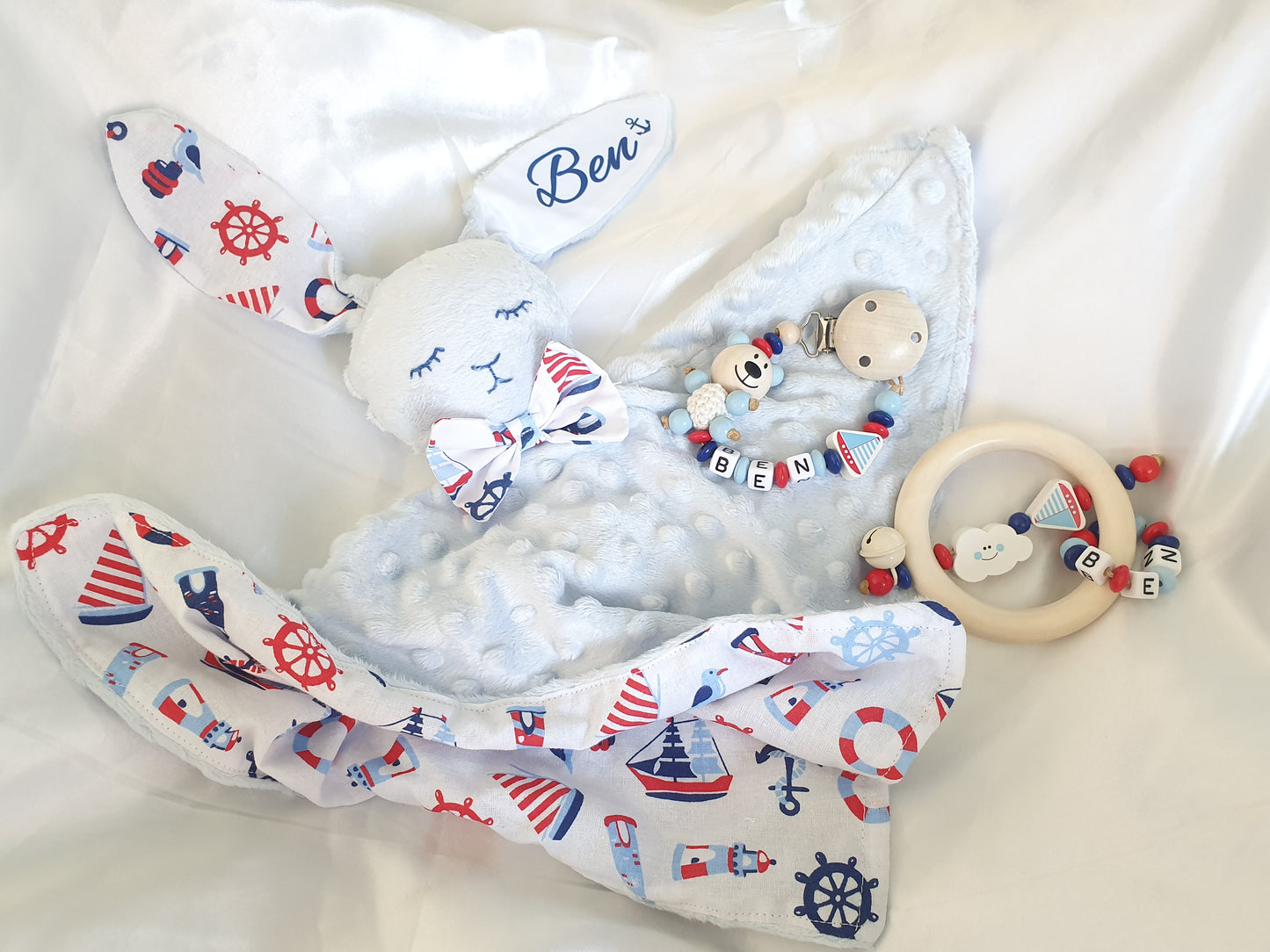 Kuscheltier Hase Hoppi - mit Namen Blau/Maritim