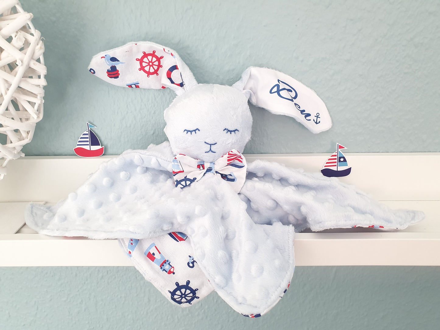 Kuscheltier Hase Hoppi - mit Namen Blau/Maritim