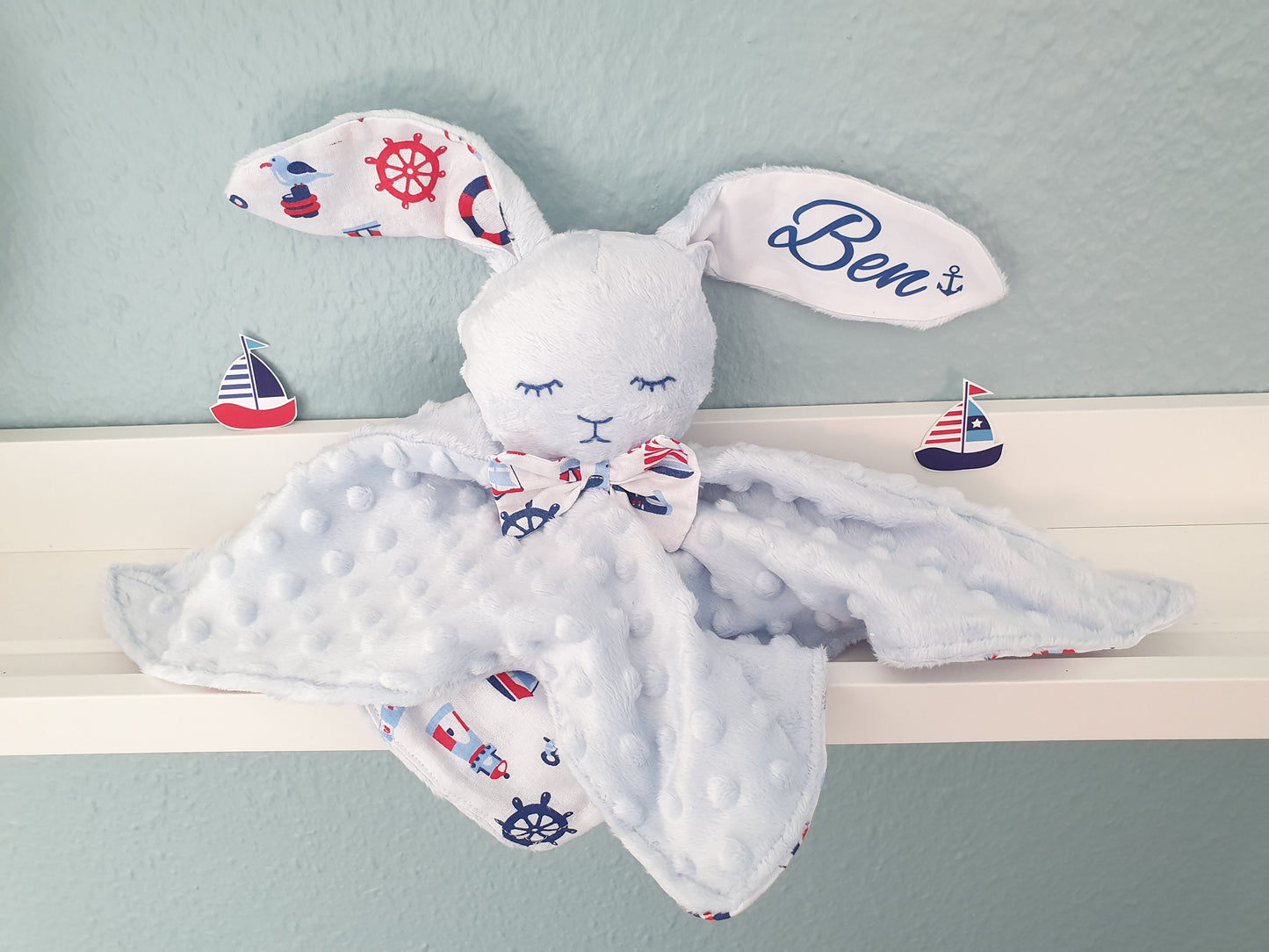 Kuscheltier Hase Hoppi - mit Namen Blau/Maritim