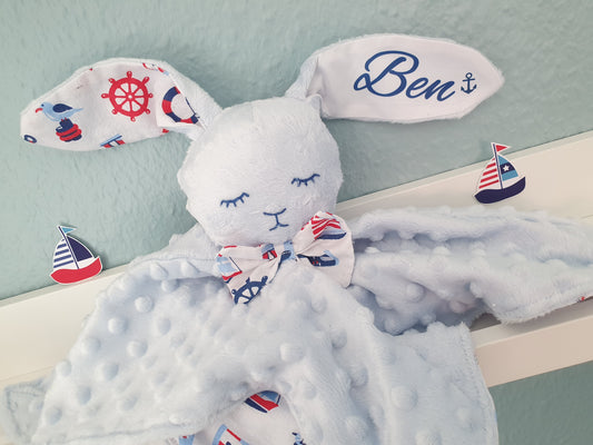 Kuscheltier Hase Hoppi - mit Namen Blau/Maritim