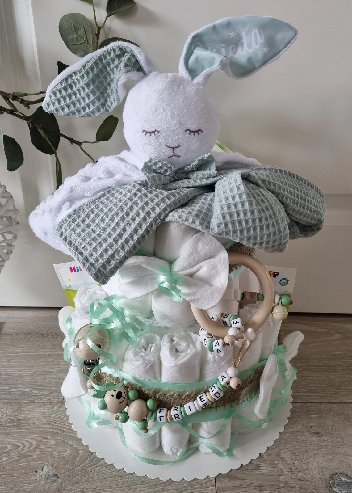 Windeltorte XXL Junge & Mädchen Kuscheltier Hase Hoppi Mint