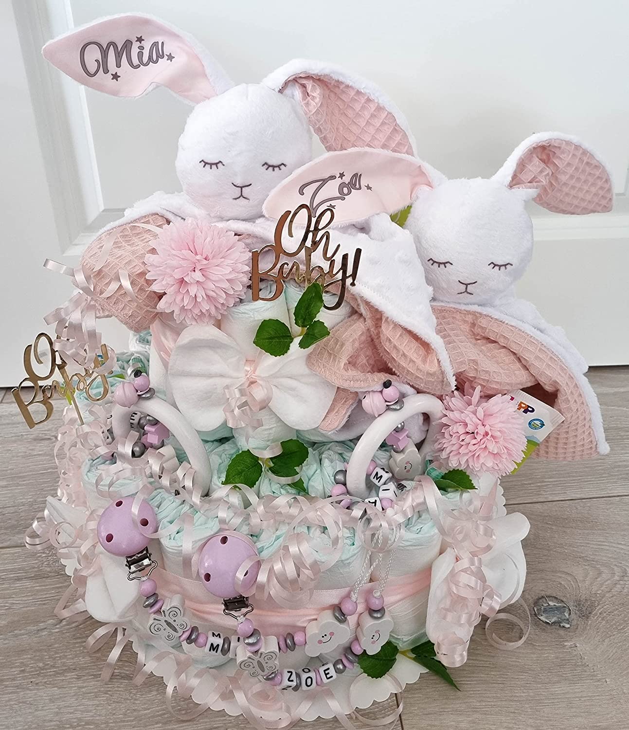 Windeltorte Zwillinge Mädchen Kuscheltier Hase Hoppi