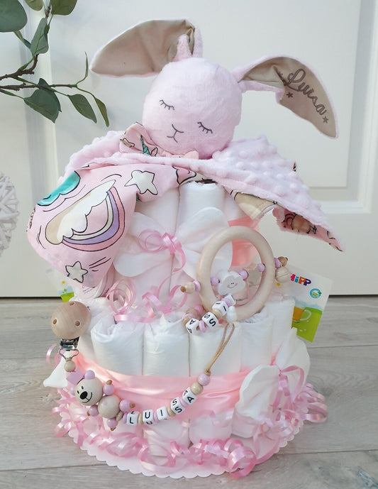 Windeltorte XXL Mädchen Rosa Kuscheltier Hase Hoppi