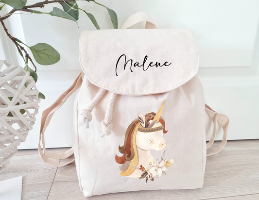 Kinderrucksack mit Name Einhorn Boho