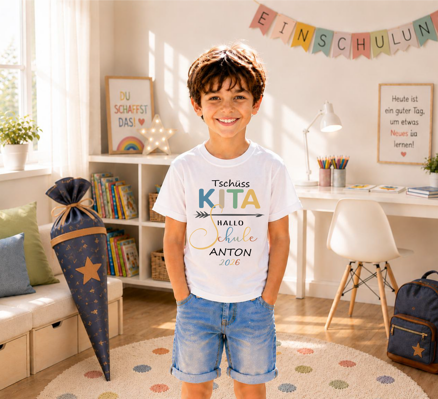 Tschüss Kita Hallo Schule T-Shirt Jungen personalisiert