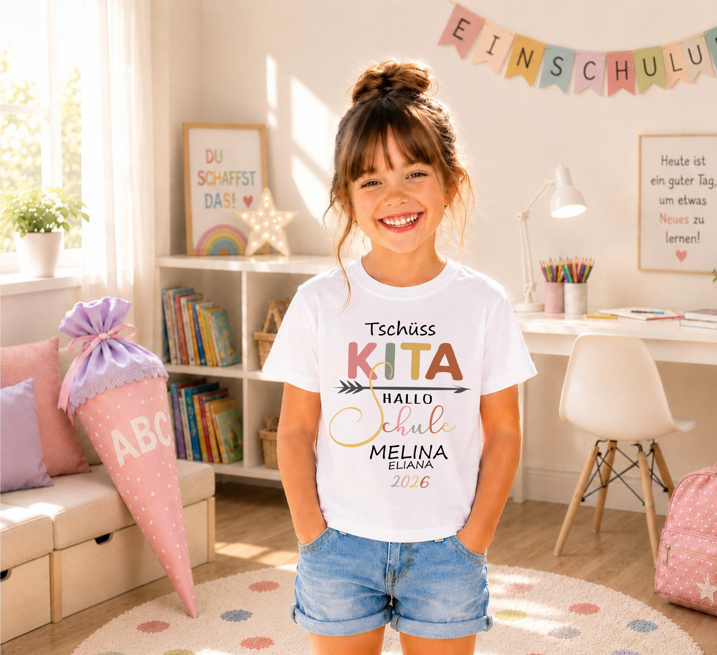 Tschüss Kita Hallo Schule T-Shirt Mädchen personalisiert